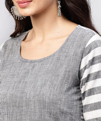 Thumbnail for NOZ2TOZ Grey And White Stripes Handloom Calf Length Kurta With Round Neck And Half Sleeves - Distacart