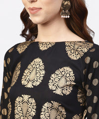 Thumbnail for NOZ2TOZ Black And Gold Printed Kurta With Round Neck And Full Sleeves - Distacart