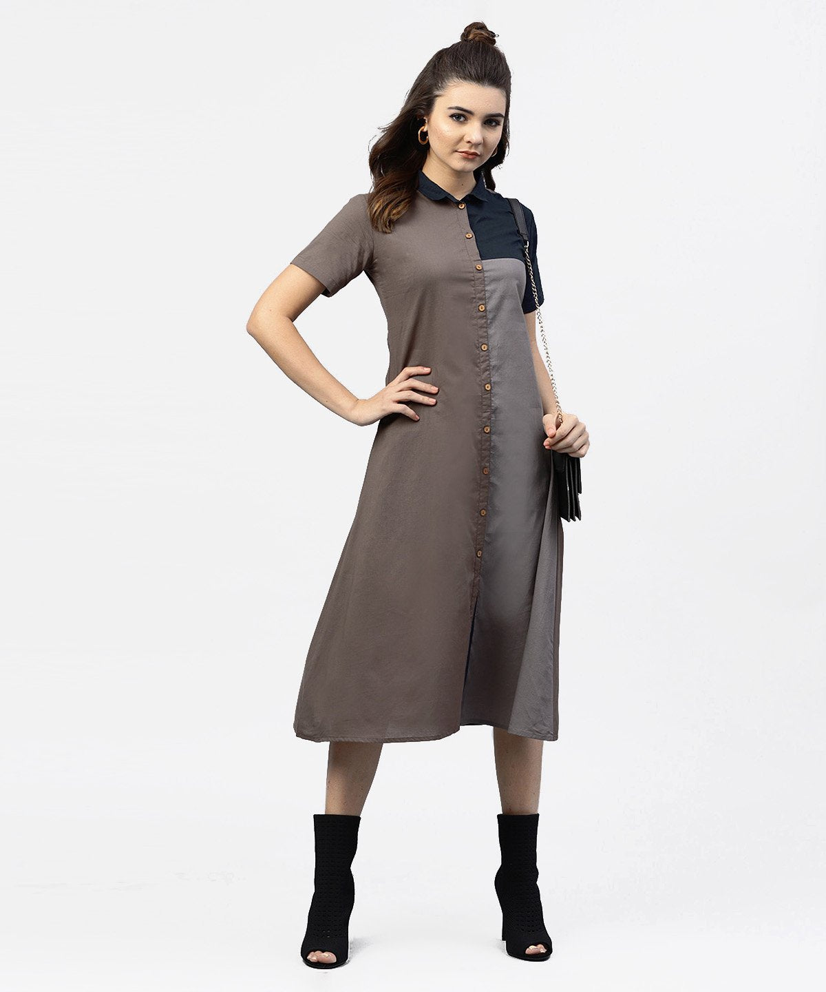 NOZ2TOZ Grey And Blue Color Blocking A-Line Dress With Shirt Collar And Half Sleeves - Distacart