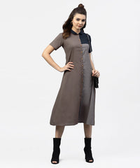Thumbnail for NOZ2TOZ Grey And Blue Color Blocking A-Line Dress With Shirt Collar And Half Sleeves - Distacart