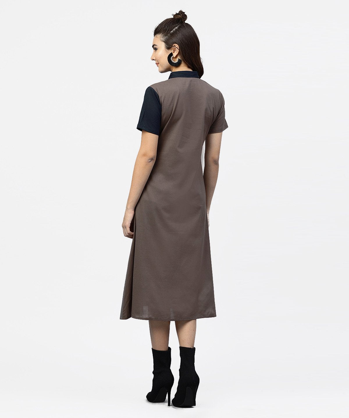 NOZ2TOZ Grey And Blue Color Blocking A-Line Dress With Shirt Collar And Half Sleeves - Distacart