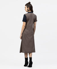 Thumbnail for NOZ2TOZ Grey And Blue Color Blocking A-Line Dress With Shirt Collar And Half Sleeves - Distacart