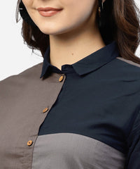 Thumbnail for NOZ2TOZ Grey And Blue Color Blocking A-Line Dress With Shirt Collar And Half Sleeves - Distacart