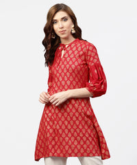 Thumbnail for NOZ2TOZ Red Printed Short Kurta With Key Hole Neck And 3/4 Sleeves - Distacart