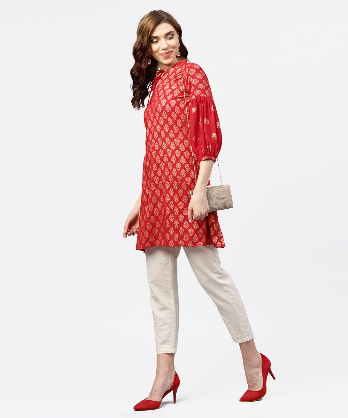 NOZ2TOZ Red Printed Short Kurta With Key Hole Neck And 3/4 Sleeves - Distacart