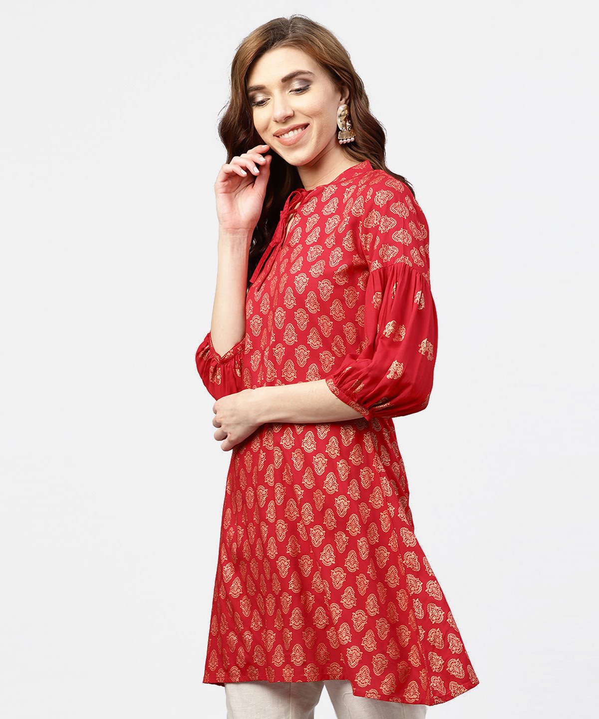 NOZ2TOZ Red Printed Short Kurta With Key Hole Neck And 3/4 Sleeves - Distacart