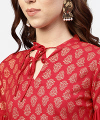 Thumbnail for NOZ2TOZ Red Printed Short Kurta With Key Hole Neck And 3/4 Sleeves - Distacart