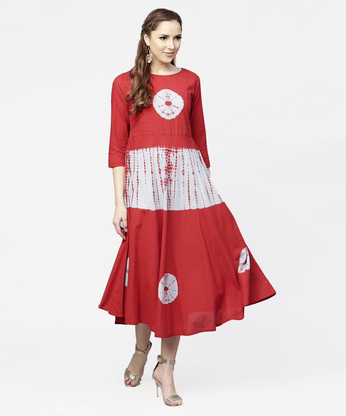 NOZ2TOZ Red Tye Dye 3/4th Sleeve Cotton Maxi Dress - Distacart