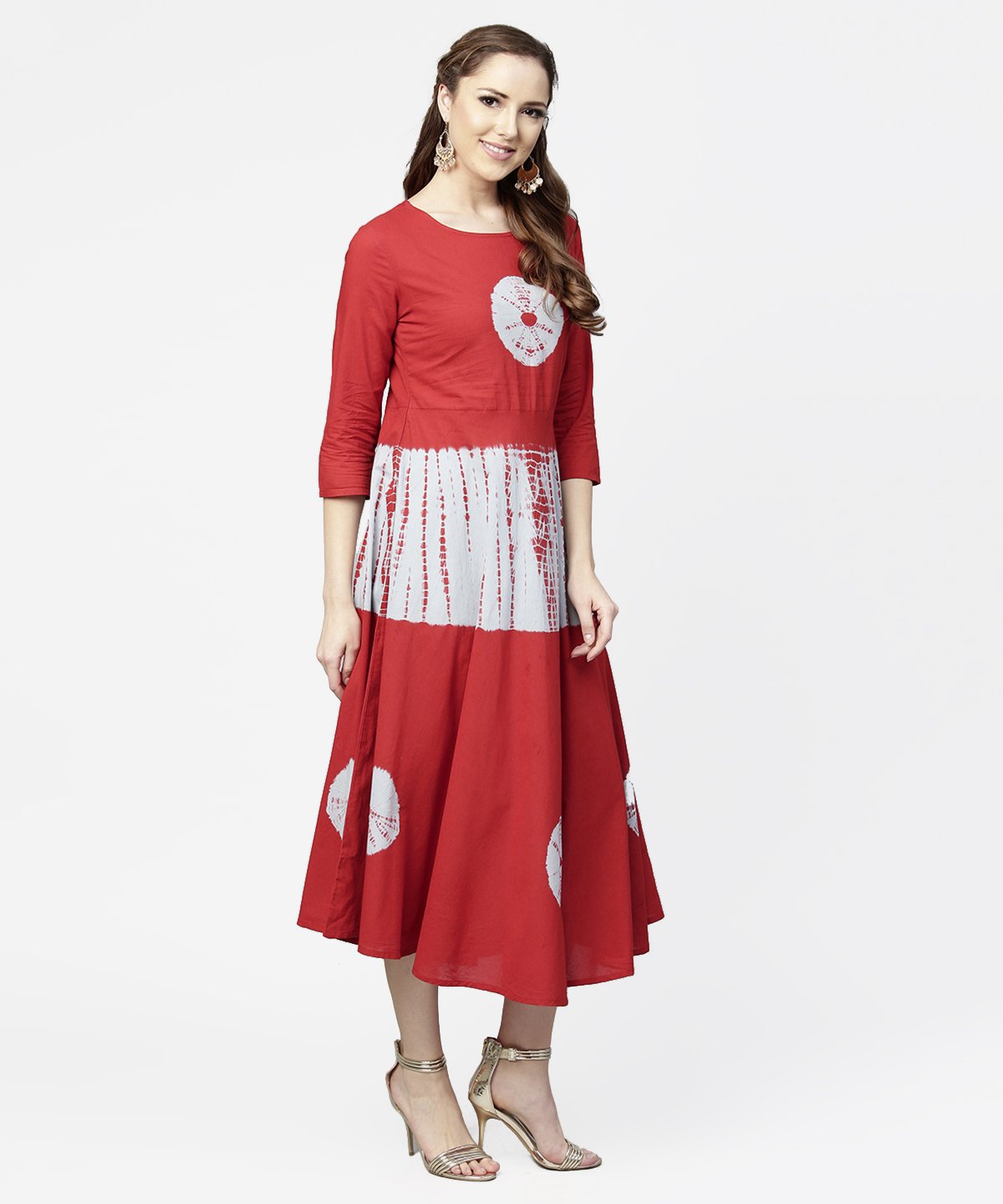 NOZ2TOZ Red Tye Dye 3/4th Sleeve Cotton Maxi Dress - Distacart