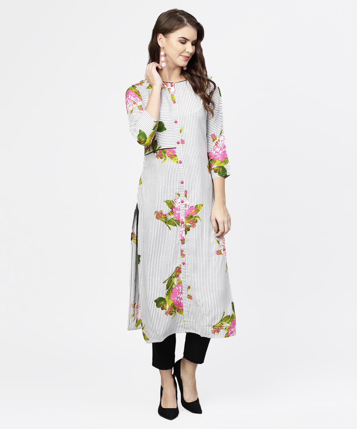 NOZ2TOZ Blue Stripes & Flower Printed Front Open 3/4th Sleeve Cotton Kurta - Distacart