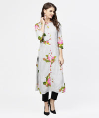 Thumbnail for NOZ2TOZ Blue Stripes & Flower Printed Front Open 3/4th Sleeve Cotton Kurta - Distacart