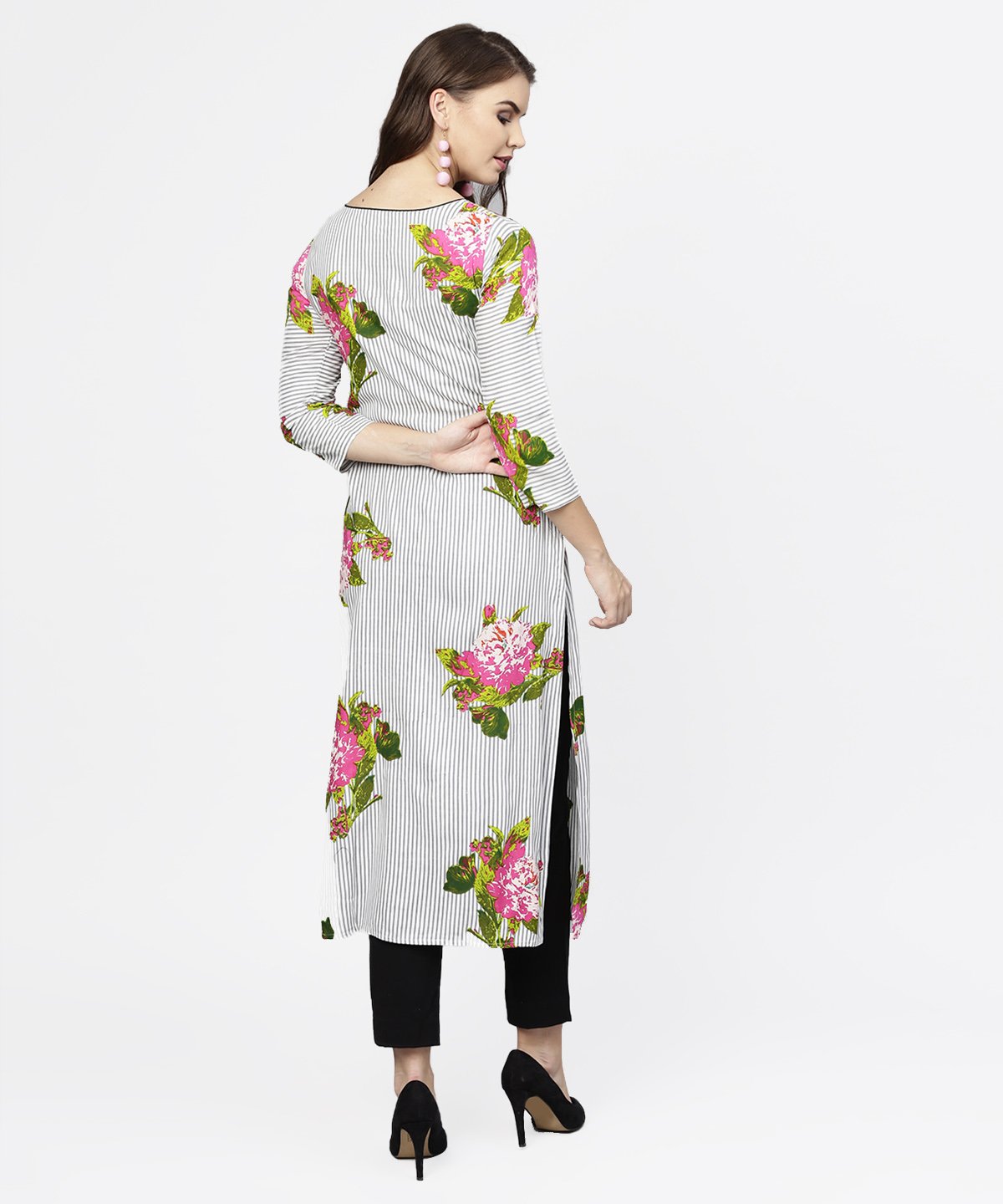 NOZ2TOZ Blue Stripes & Flower Printed Front Open 3/4th Sleeve Cotton Kurta - Distacart