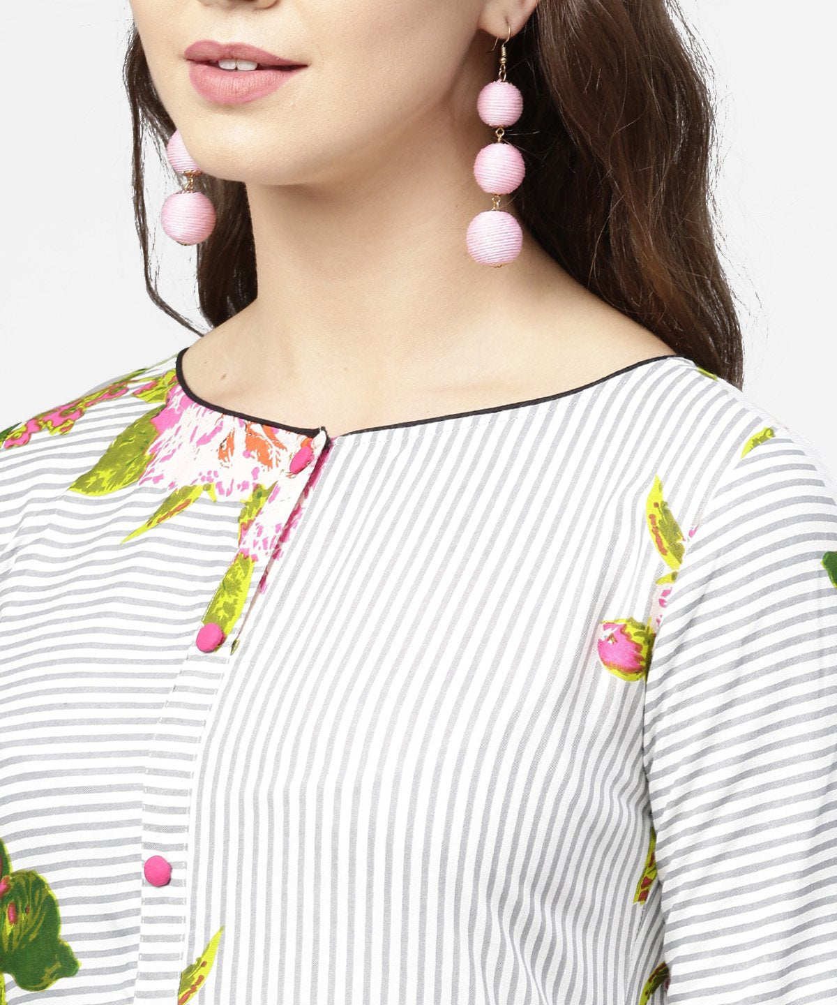 NOZ2TOZ Blue Stripes & Flower Printed Front Open 3/4th Sleeve Cotton Kurta - Distacart
