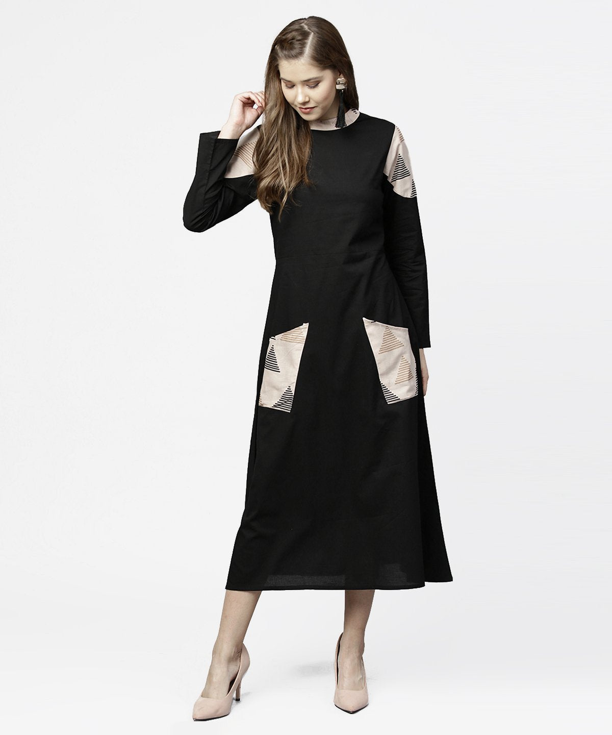 NOZ2TOZ Black 3/4th Sleeve Cotton Maxi Dress With Double Pocket - Distacart