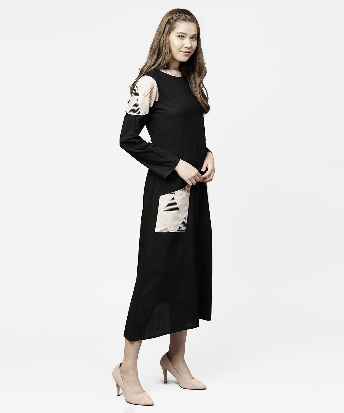 NOZ2TOZ Black 3/4th Sleeve Cotton Maxi Dress With Double Pocket - Distacart