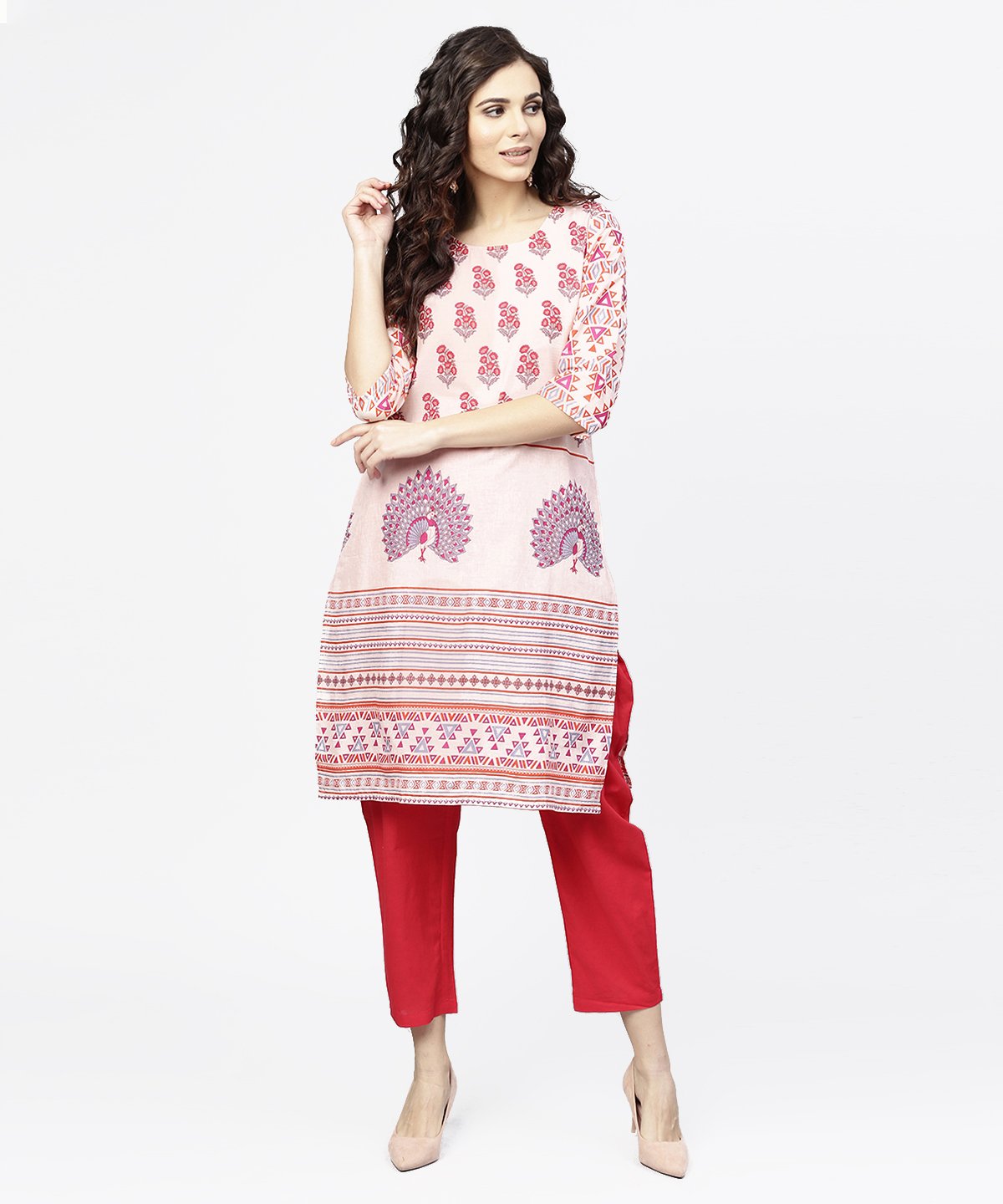NOZ2TOZ Off White Printed 3/4th Sleeve Cotton Kurta - Distacart
