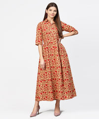 Thumbnail for NOZ2TOZ Yellow & Red Printed Half Sleeve Cotton Maxi Dress - Distacart
