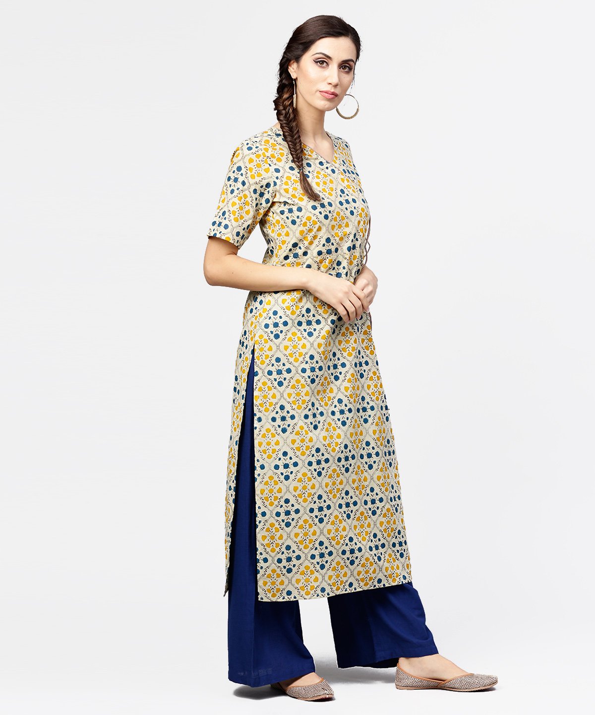 NOZ2TOZ Yellow Printed Half Sleeve Cotton Straight Kurta With Dori Work - Distacart