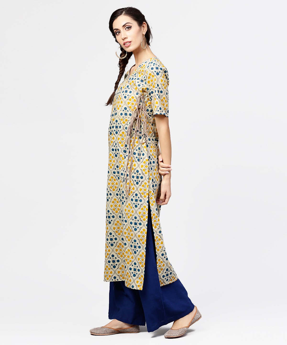 NOZ2TOZ Yellow Printed Half Sleeve Cotton Straight Kurta With Dori Work - Distacart