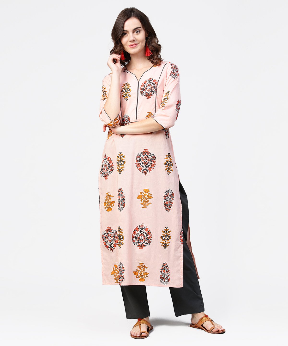 NOZ2TOZ Peach Printed 3/4th Sleeve Cotton Straight Kurta - Distacart