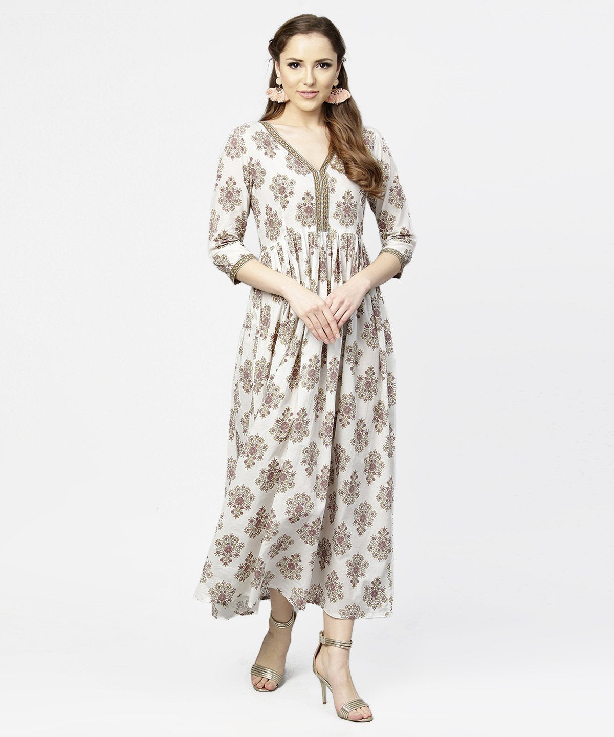 NOZ2TOZ Off White Printed 3/4th Sleeve Cotton Maxi Dress - Distacart