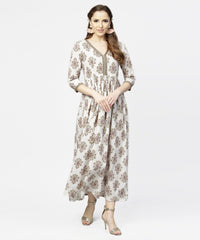 Thumbnail for NOZ2TOZ Off White Printed 3/4th Sleeve Cotton Maxi Dress - Distacart