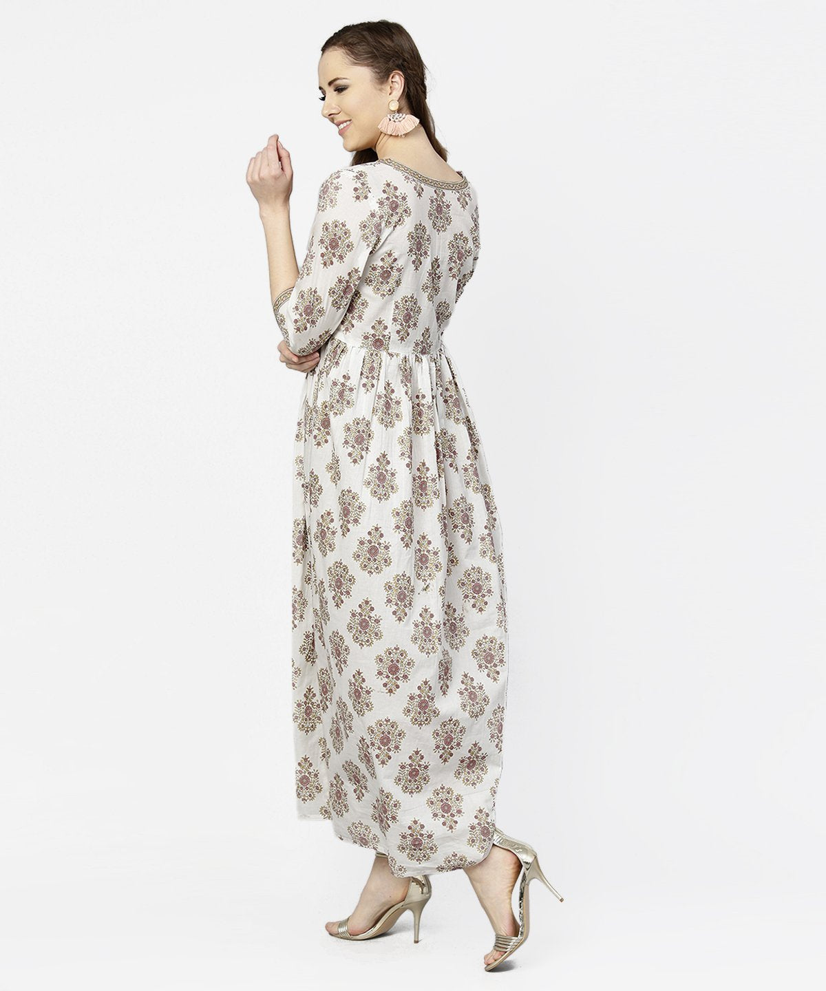 NOZ2TOZ Off White Printed 3/4th Sleeve Cotton Maxi Dress - Distacart