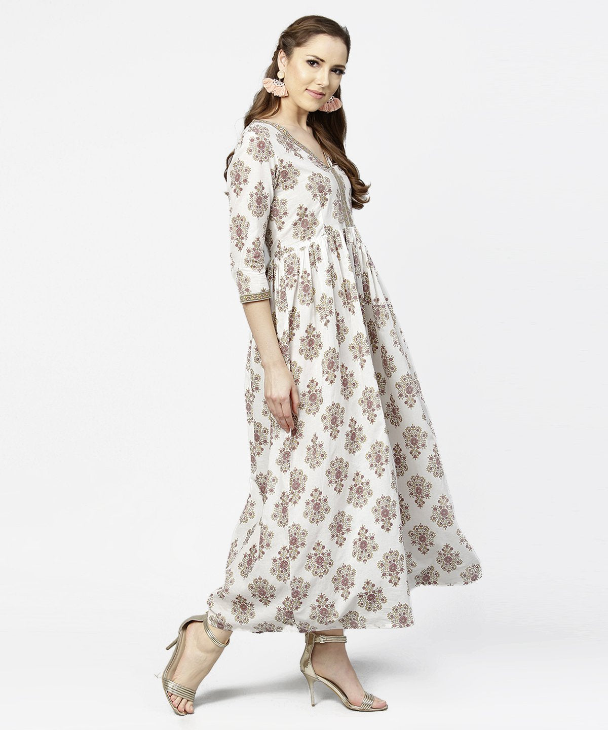 NOZ2TOZ Off White Printed 3/4th Sleeve Cotton Maxi Dress - Distacart