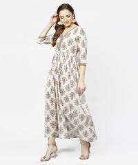 Thumbnail for NOZ2TOZ Off White Printed 3/4th Sleeve Cotton Maxi Dress - Distacart