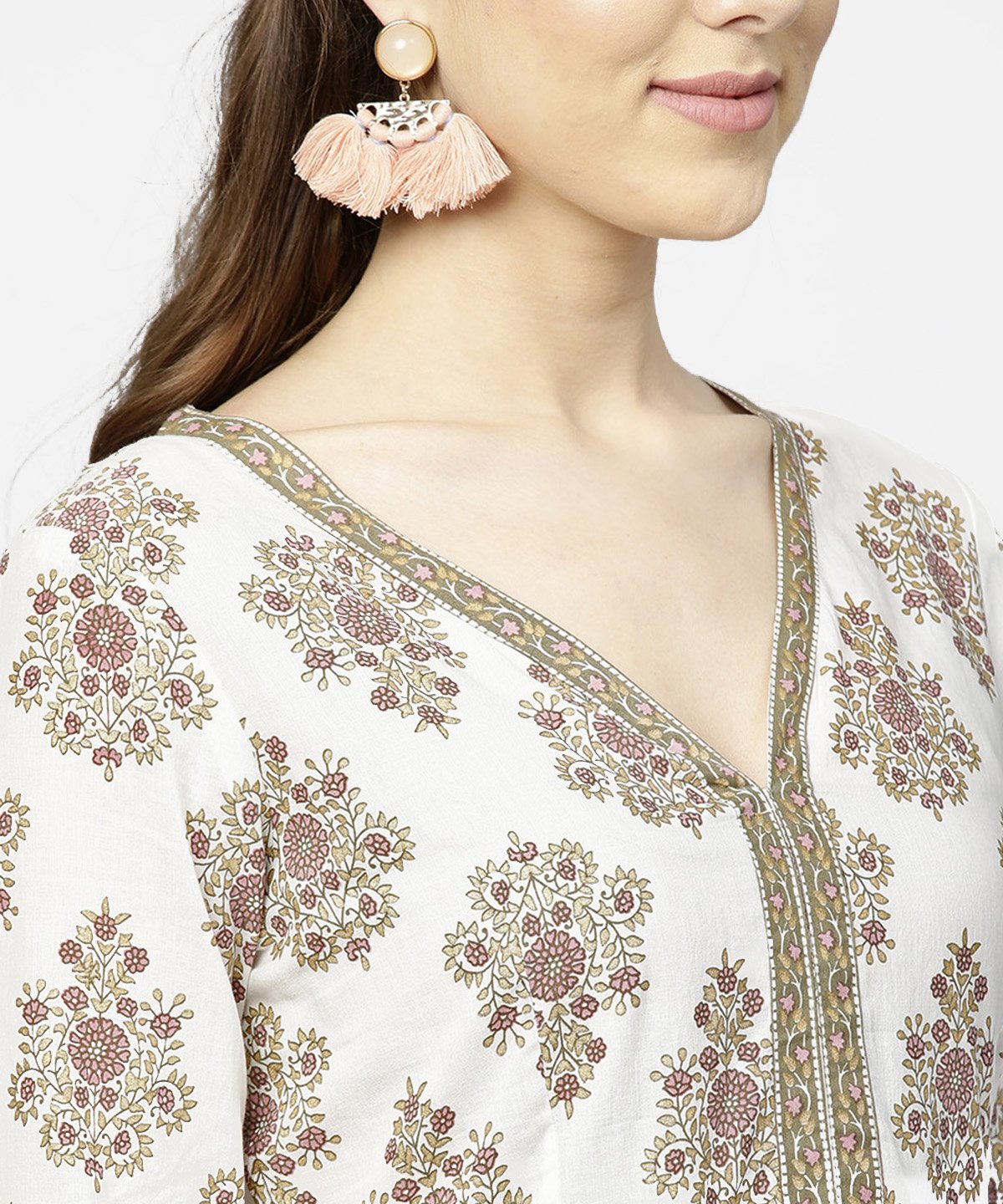 NOZ2TOZ Off White Printed 3/4th Sleeve Cotton Maxi Dress - Distacart
