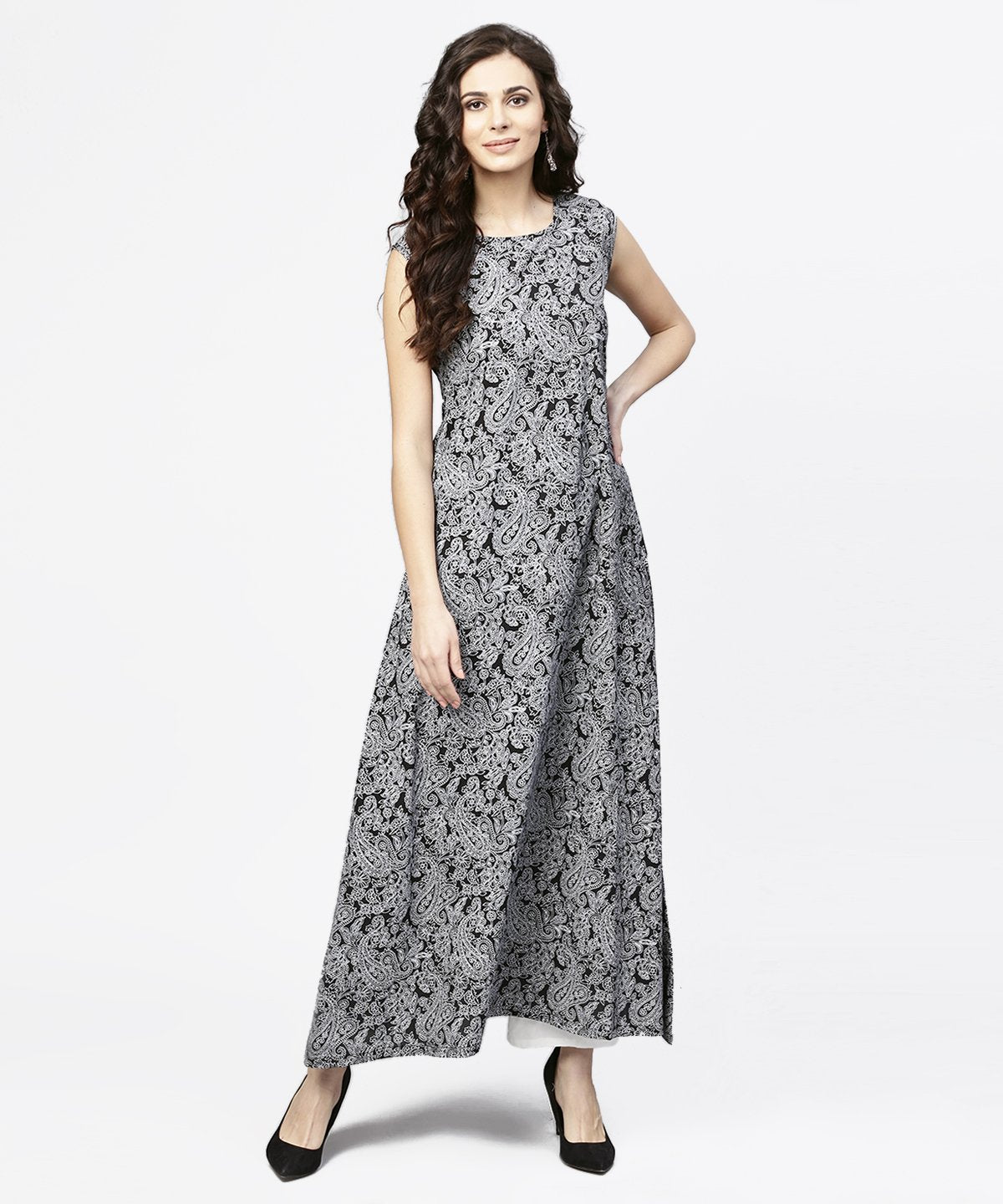 NOZ2TOZ Blue Printed Sleeveless Cotton A-Line Floor Length Kurta - Distacart