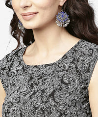 Thumbnail for NOZ2TOZ Blue Printed Sleeveless Cotton A-Line Floor Length Kurta - Distacart