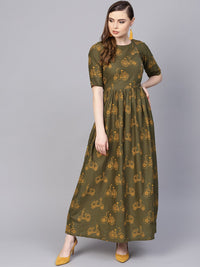 Thumbnail for NOZ2TOZ Military Green Printed Maxi Dress With Side Shoulder Placket With Half Sleeves - Distacart