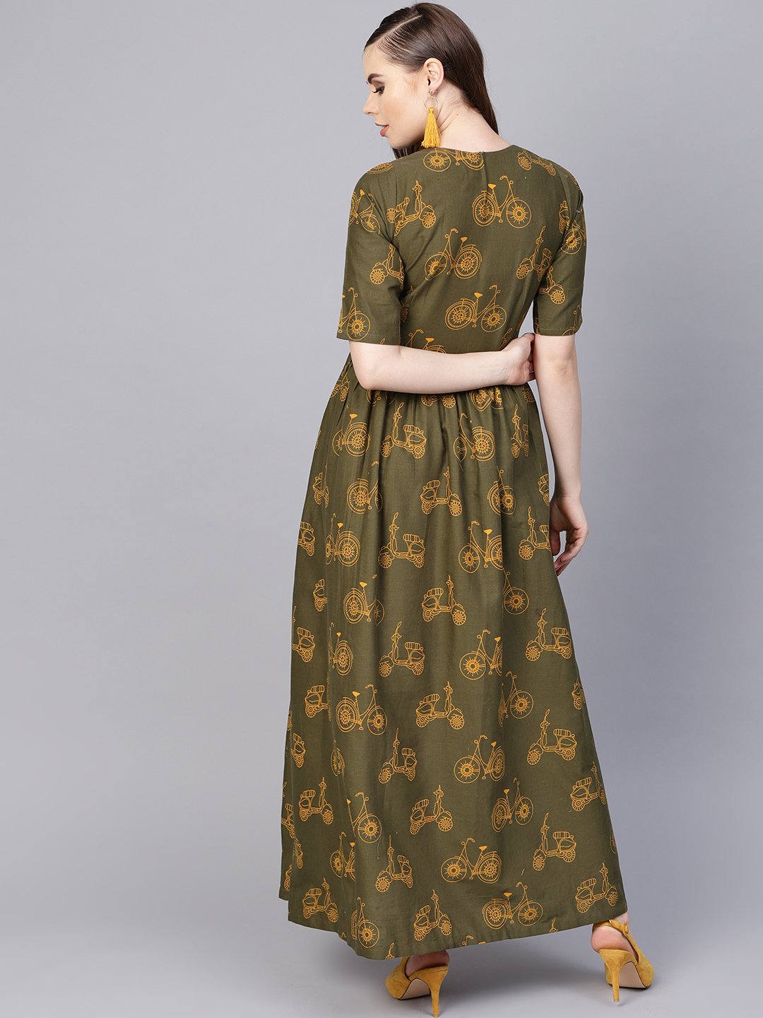 NOZ2TOZ Military Green Printed Maxi Dress With Side Shoulder Placket With Half Sleeves - Distacart
