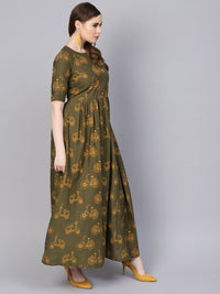 Thumbnail for NOZ2TOZ Military Green Printed Maxi Dress With Side Shoulder Placket With Half Sleeves - Distacart