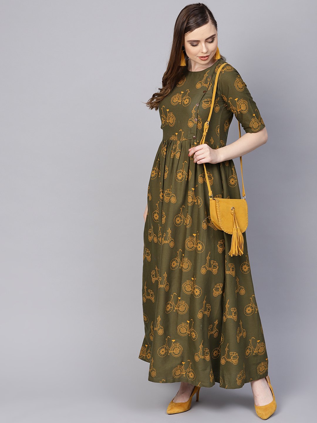 NOZ2TOZ Military Green Printed Maxi Dress With Side Shoulder Placket With Half Sleeves - Distacart
