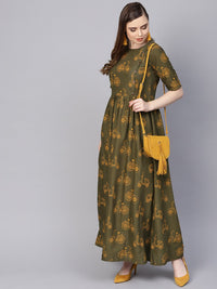 Thumbnail for NOZ2TOZ Military Green Printed Maxi Dress With Side Shoulder Placket With Half Sleeves - Distacart
