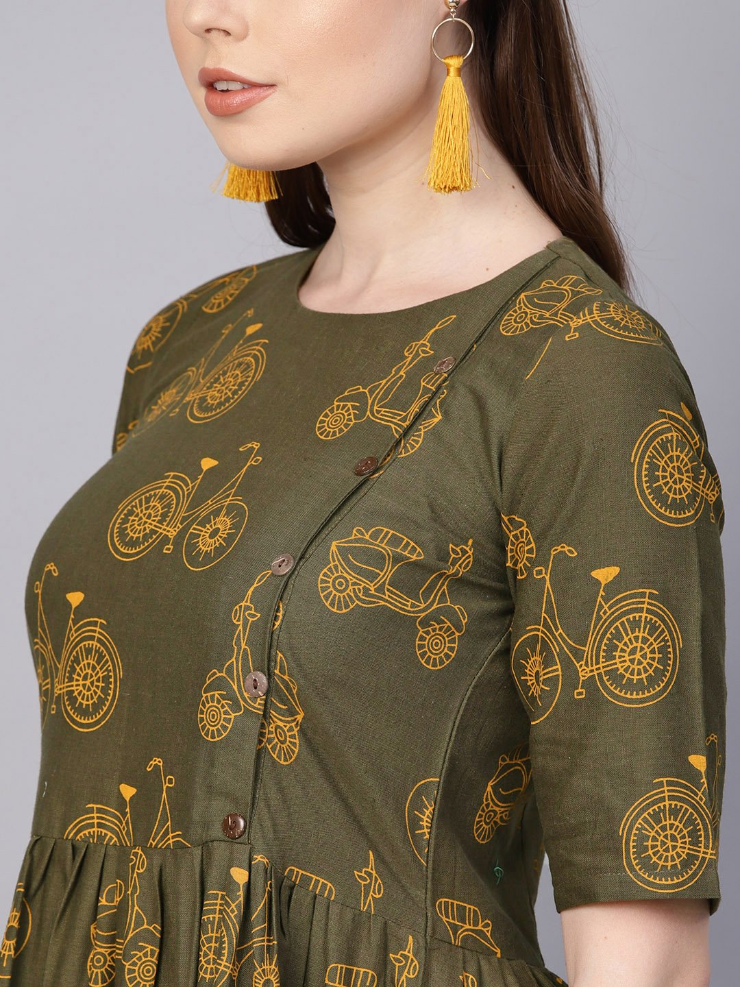 NOZ2TOZ Military Green Printed Maxi Dress With Side Shoulder Placket With Half Sleeves - Distacart