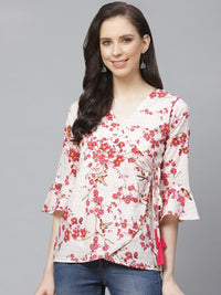 Thumbnail for NOZ2TOZ Women Off White & Pink Wrap Floral Printed V-Neck Top - Distacart