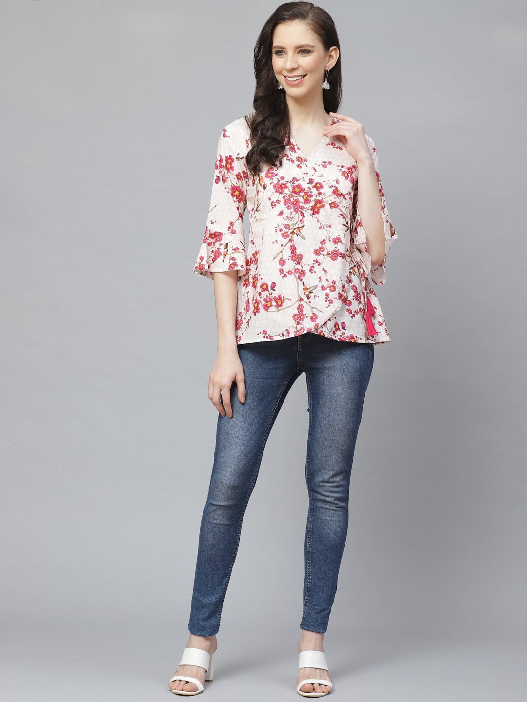 NOZ2TOZ Women Off White & Pink Wrap Floral Printed V-Neck Top - Distacart