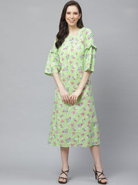 Thumbnail for NOZ2TOZ Women Green Floral Printed Round Neck Cotton A-Line Dress - Distacart