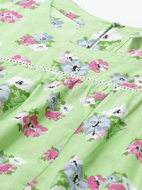 Thumbnail for NOZ2TOZ Women Green Floral Printed Round Neck Cotton A-Line Dress - Distacart