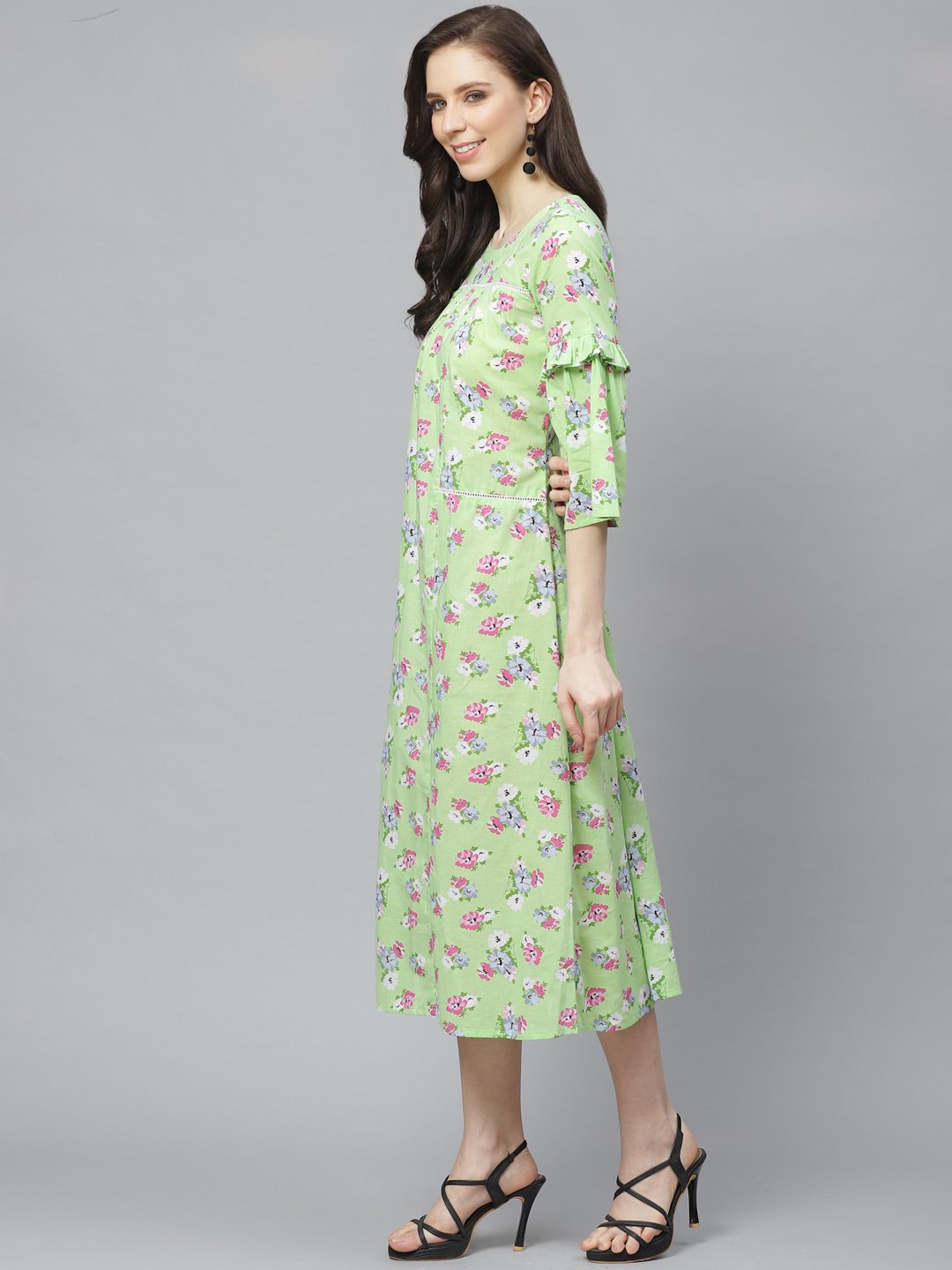 NOZ2TOZ Women Green Floral Printed Round Neck Cotton A-Line Dress - Distacart