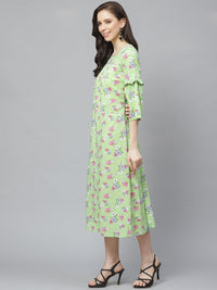 Thumbnail for NOZ2TOZ Women Green Floral Printed Round Neck Cotton A-Line Dress - Distacart