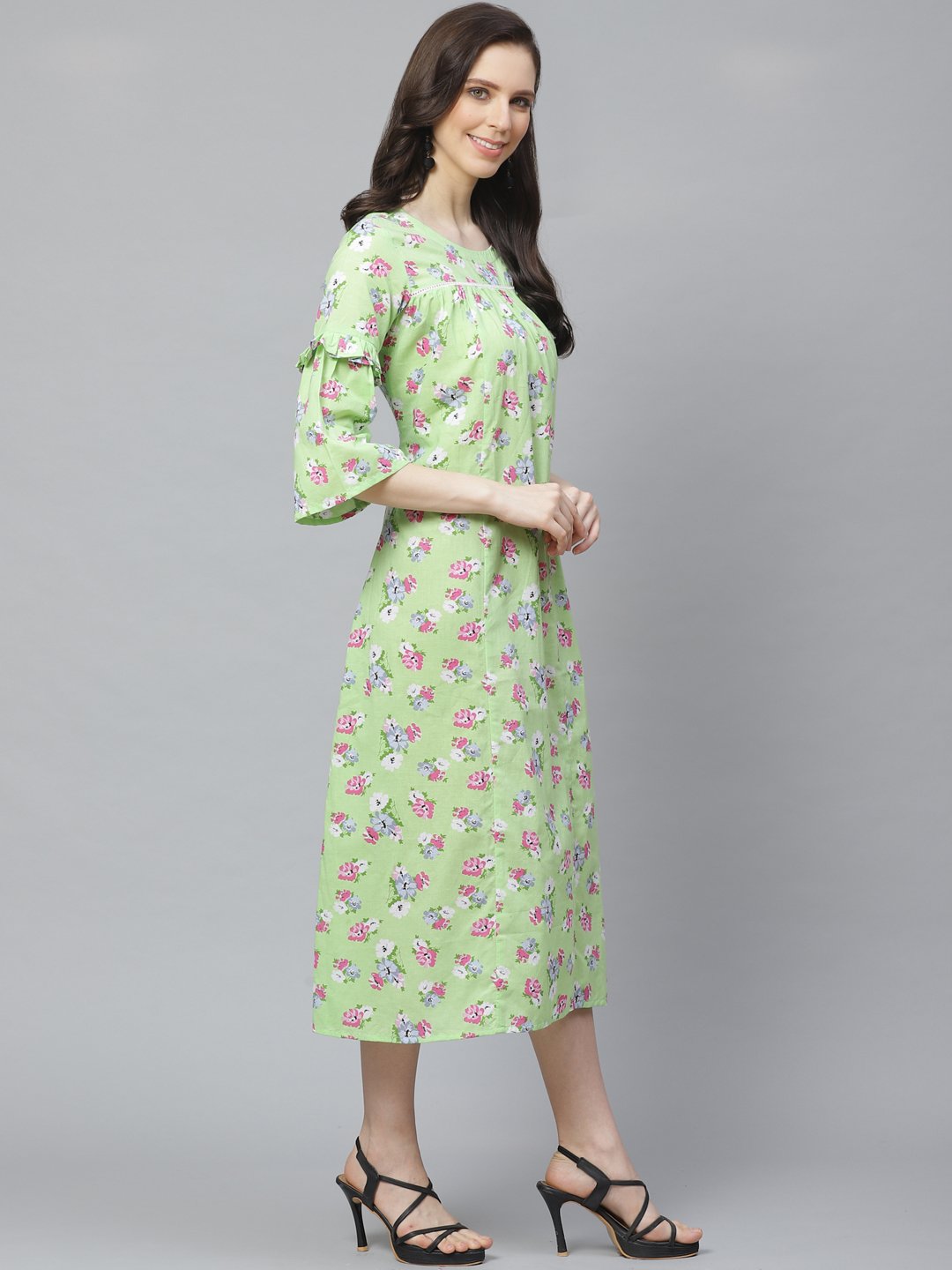 NOZ2TOZ Women Green Floral Printed Round Neck Cotton A-Line Dress - Distacart