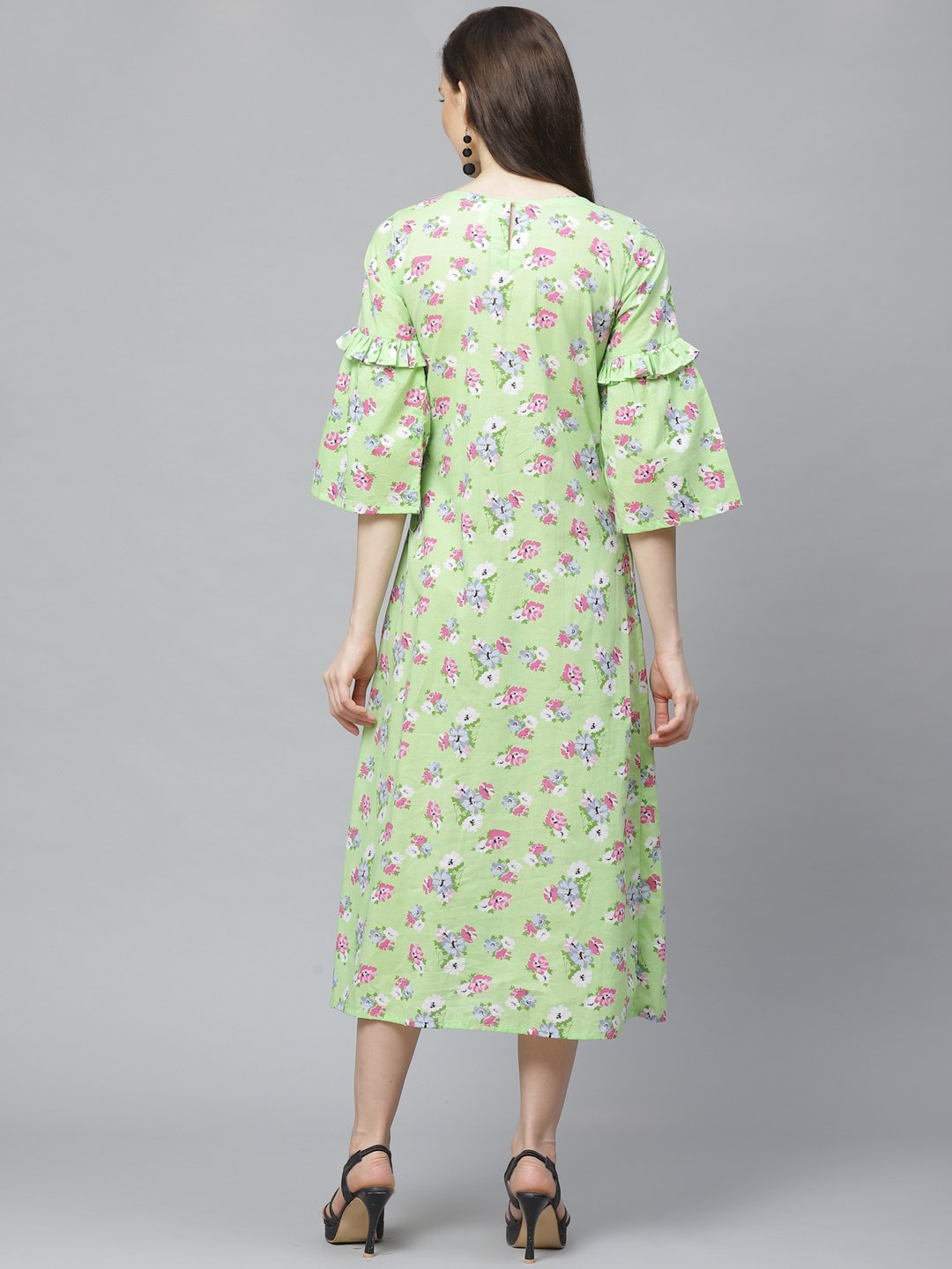 NOZ2TOZ Women Green Floral Printed Round Neck Cotton A-Line Dress - Distacart