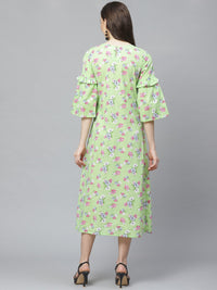 Thumbnail for NOZ2TOZ Women Green Floral Printed Round Neck Cotton A-Line Dress - Distacart