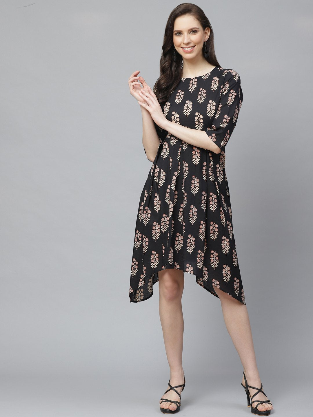 NOZ2TOZ Women Black Floral Printed Round Neck Cotton Fit and Flare Dress - Distacart