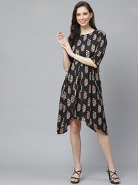 Thumbnail for NOZ2TOZ Women Black Floral Printed Round Neck Cotton Fit and Flare Dress - Distacart