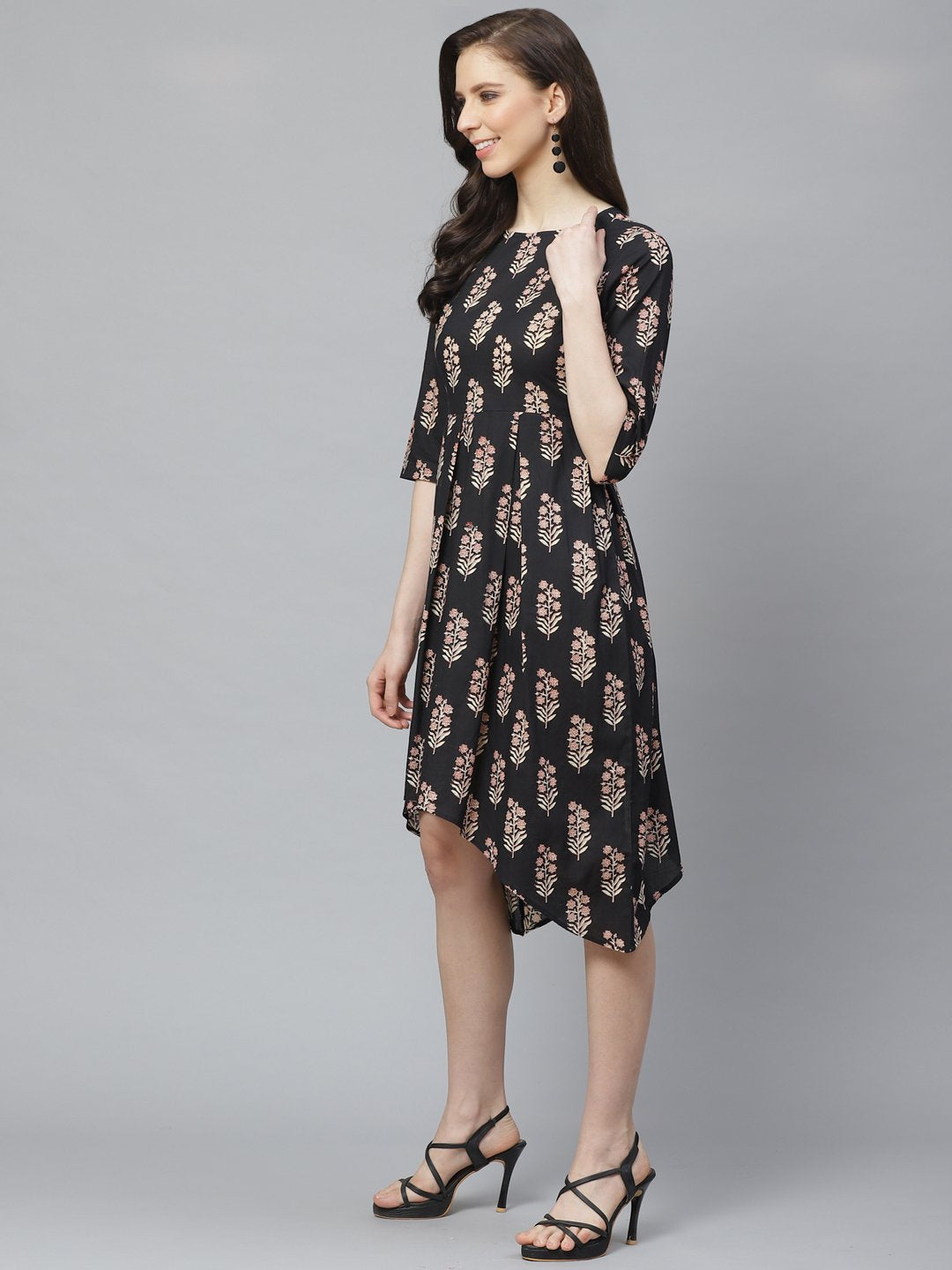 NOZ2TOZ Women Black Floral Printed Round Neck Cotton Fit and Flare Dress - Distacart